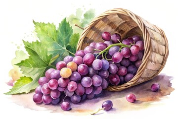 Sticker - Delicate watercolor illustration of lush purple grapes spilling from a woven basket, surrounded by soft, blended