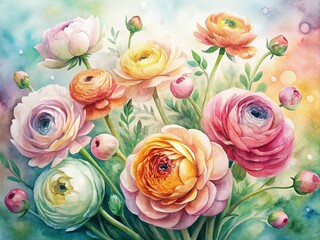 Sticker - Delicate, whimsical watercolor illustration of vibrant ranunculus flowers in soft, dreamy hues and loose brushstrokes,