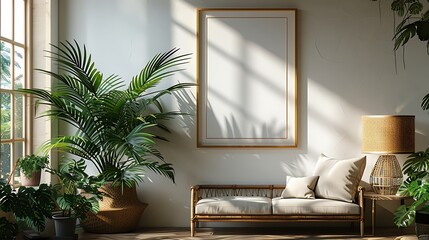 A minimalistic living room interior with a white wall, a large framed picture, a sofa and plants.