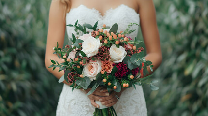 Wall Mural - Bride Holding Wedding Bouquet Close . Rustic Boh