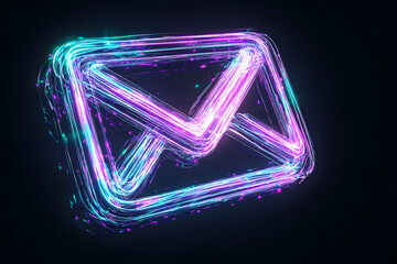 neon wireframe email symbol made of light trails isotated on black background.