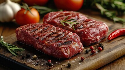 Meat and vegetables healthy food diet. Juicy steaks of fresh red meat. Barbecue set.