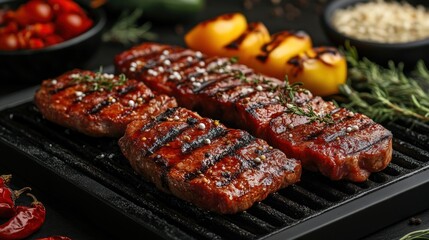 Meat and vegetables healthy food diet. Juicy steaks of fresh red meat. Barbecue set.