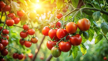 Wall Mural - Ripe red tomatoes hang from a lush green tree branch, surrounded by fresh foliage and warm sunlight, evoking