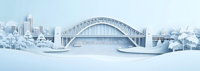 Wall Mural - 9. **Create a 3D paper cut scene of the Sydney Harbour Bridge, featuring its arch and cityscape, with space in the foreground for text.**