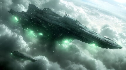 Poster - Futuristic Spaceship Soaring Through Clouds.