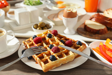 Poster - Different meals served for breakfast on wooden table