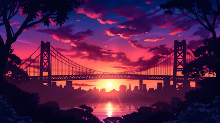 Wall Mural - Bridges City Landscape Anime Style Styl