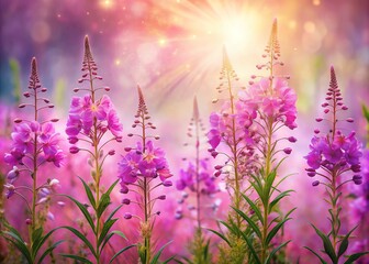 Wall Mural - Softly blooming fireweed flowers in hues of pink and purple dance across a dreamy watercolor background, evoking a