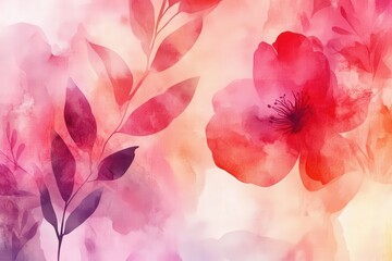 Wall Mural - A watercolor painting of a flower with pink petals and green leaves, generative ai image