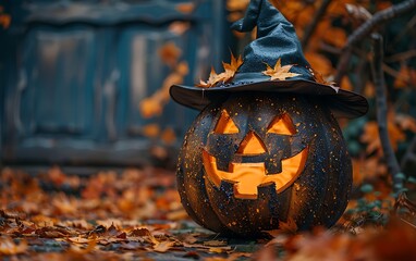 A jack-o'-lantern with a witch's hat sits on a bed of autumn leaves.