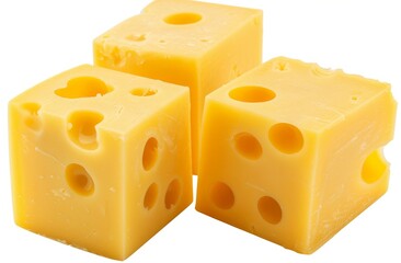 Handmade cheese, cubes chunks of yellow swiss cheese with holes cut out isolated on a white background