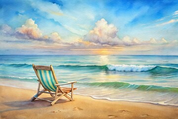 Soft, serene watercolor depiction of a lone beach chair on a pristine shoreline, evoking feelings of tranquility and