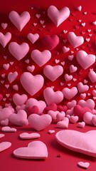 Wall Mural - Pink felt hearts on red background