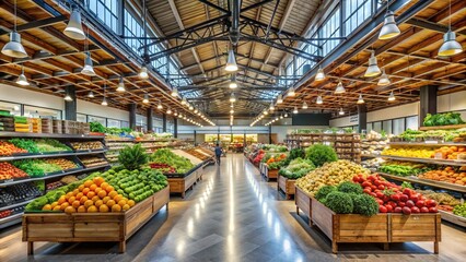 Sticker - Spacious Grocery Store Interior With High Ceilings And Wide Aisles, Featuring A Large Produce Section And Checkout