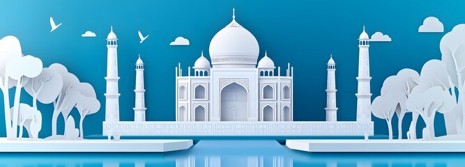 Wall Mural - 4. **Render a 3D paper cut of the Taj Mahal with its domes and reflecting pool, leaving space around it for text.**