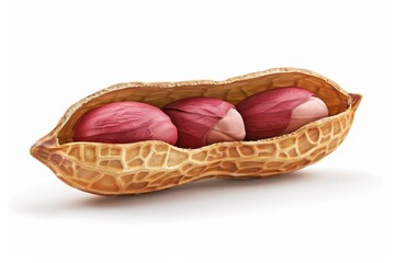 Peanut, one closed and two open peanuts with red seeds inside on a white background, isolated.