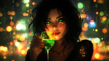 Wall Mural - Woman with Green Eyes and Green Drink in Front of Bokeh Lights.