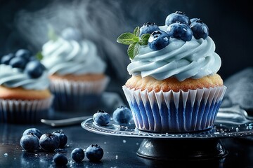 Wall Mural - blueberry cupcakes with light blue frosting and fresh mint garnish