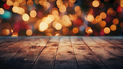 Wooden table with an abstract design in the foreground, space for text, and a bokeh effect in the background. Golden sunset palette.