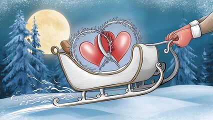 Two hearts on white sled over snowy background