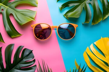 Vibrant Sunglasses Surrounded by Tropical Leaves on Colorful Background