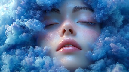 Wall Mural - A Woman's Face Surrounded by Blue Clouds, Symbolic of Dreams and Tranquility.