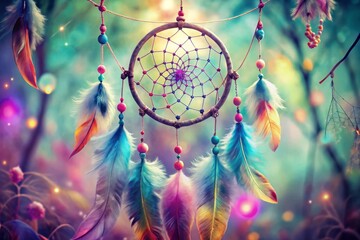 Sticker - Vibrant watercolor dreamcatcher with pastel feathers, delicate threads, and subtle beads, against a soft, blurred