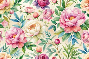 Sticker - Vibrant watercolor floral pattern featuring blooming peonies, leaves, and stems in soft pastel hues on a creamy white