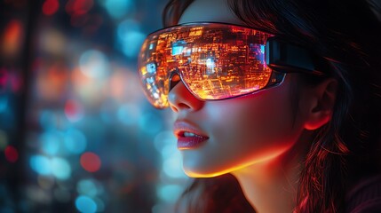 Poster - Woman Wearing Futuristic Glasses Reflecting City Lights.