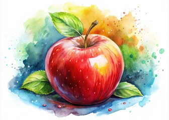 Sticker - Vibrant watercolor illustration of a juicy red apple, surrounded by soft, blended brushstrokes and subtle texture,