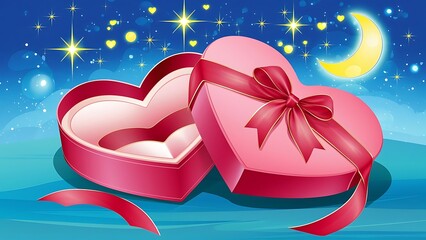 Wall Mural - Open pink heart shaped gift box with a bow on a blue background top view festive backdrop