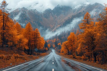 Scenic drive through autumn landscapes  embrace nature s beauty on a mountain road adventure