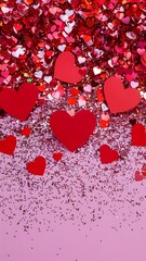 Wall Mural - Red hearts heart confetti on pink background glitter background