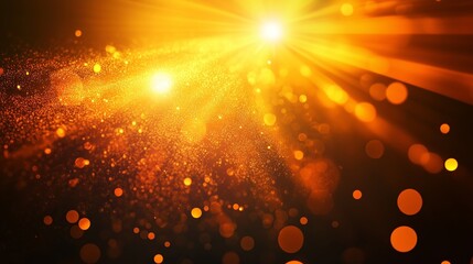 Poster - Golden rays of light shining through particles creating a vibrant atmosphere in a dark setting