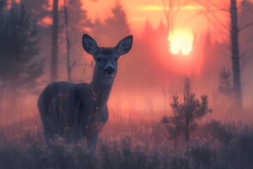 Canvas Print - Serene Sunset Encounter with a Deer in a Misty Forest