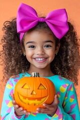 Wall Mural - Young girl with a big purple bow headband holding a plastic carved pumpkin and smiling