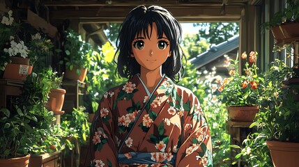 Sticker - Anime Girl in Kimono Surrounded by Flowers and Greenery.