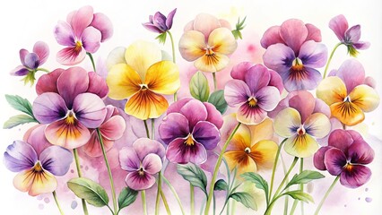 Canvas Print - Vibrant watercolor painting of delicate pansies in shades of purple, pink, and yellow, gently swaying in a dreamy,