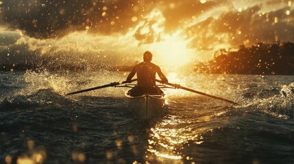 Wall Mural - a rower at full extension in a race, the power of the stroke and the tension of the competition capt