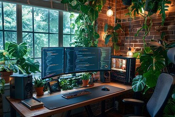cozy home office with dual monitors surrounded by lush greenery