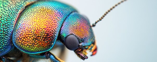 Vibrant close-up of a beetle’s iridescent shell showcasing a stunning spectrum of colors in intricate detail