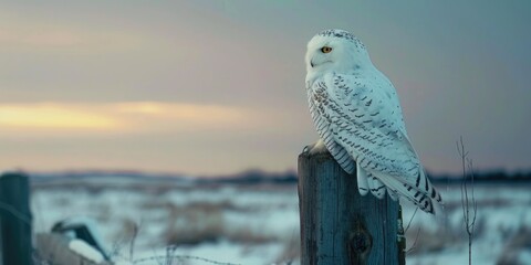 Wall Mural - Snowy Owl perched on a farm fence post during Winter