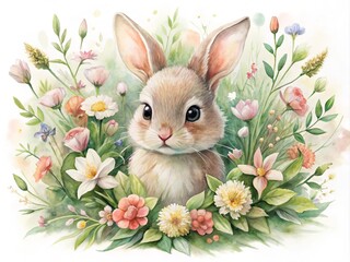 Wall Mural - Whimsical watercolor illustration of a tiny bunny surrounded by delicate flowers and lush greenery, exuding innocence