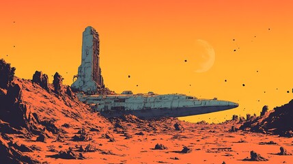 Sticker - Futuristic Spaceship Landing on a Desolate Planet.