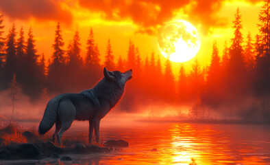 A wolf is standing on a rock by a lake, looking out at the moon. The sky is orange and the moon is full, creating a serene and peaceful atmosphere