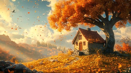 Fantasy Fall Nature Scenery with Small House and a Tree