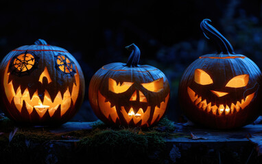 Wall Mural - Classic Halloween-carved pumpkins with glowing jack-o'-lantern faces illuminated during a spooky evening