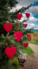 Wall Mural - Red decorative beautiful hearts hang on green branches of spruce outdoor beautiful romantic background