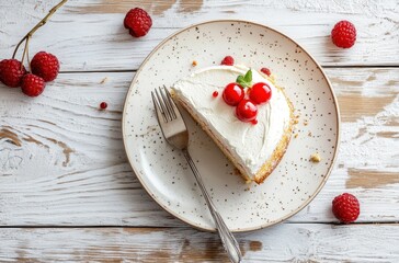 Sticker - Delicious Raspberry Cake Slice on White Wooden Table